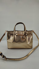 Michael Kors Womens Carson Medium Metallic Pebbled Leather Satchel Gold Bags
