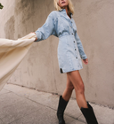 Free People Women's Amber Denim Dress Powder Blue Basic Sleeved US 2
