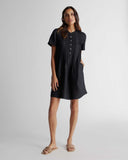 Quince Women's 100% European Linen Short Sleeve Swing Dress Black M