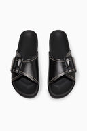 COS Women's Contrast-Stitch Buckled Leather Slides Black Shoes 11