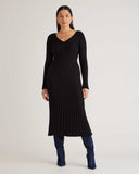 Quince Cotton Cashmere Ribbed Long Sleeve V-Neck Midi Dress Black M