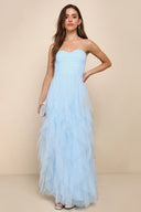 Lulus Women's Beauty Blue Mesh Strapless Ruffled Maxi Dress XXS Revive