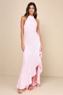 Lulus Women's Majestic Perfection Pink Ruffled Halter Maxi Dress Small Revive