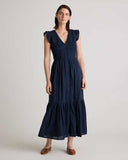 Quince Women's Organic Textured Cotton Smocked V-Neck Midi Dress Navy M