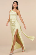 Lulus Women's Signature Elegance Pale Yellow Satin Maxi Dress Large