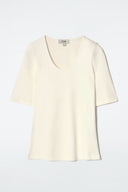 COS Women's Slim Scoop-Neck Cotton T-Shirt Ecru Sleeved Top Cream M