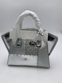 Michael Kors Avril Small Metallic Studded Patchwork And Logo Satchel Silver