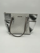 Michael Kors Charlotte Metallic Logo And Leather Top-Zip Tote Bag Silver