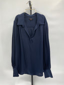 Quince Women's Washable Stretch Silk Split Neck Blouse Navy Sleeved Top XL