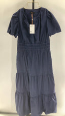 Quince Womens 100% Organic Cotton Poplin Tiered Maxi Dress Navy Basic Sleeved M