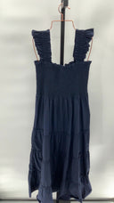 Quince Womens 100% Organic Cotton Poplin Smocked Midi Dress Navy L