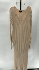 Quince Women's Cotton Cashmere Ribbed Long Sleeve V-Neck Midi Dress Tan M