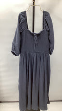 Quince Women's 100% Organic Cotton Gauze Smocked Square Neck Midi Dress Blue L