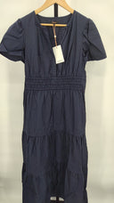 Quince Womens 100% Organic Cotton Poplin Tiered Maxi Dress Navy Basic Sleeved M