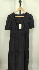 Quince Women's 100% European Linen Tiered Maxi Dress Black Basic Sleeved M