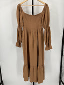 Quince Maternity Organic Cotton Gauze Smocked Ruffle Hem Midi Dress Brown L