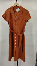 Quince Women's 100% European Linen Button Front Dress Terracotta Basic Sleeved S