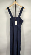 Quince Womens 100% Organic Cotton Gauze Smocked Wide Leg Jumpsuit Indigo Blue L
