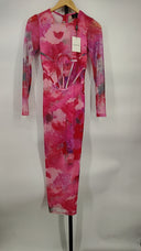 Bardot Women Lena Mesh Midi Dress Basic Sleeved Pink XS