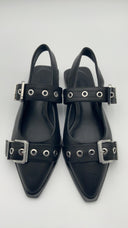 Quince Womens Italian Leather Bold Buckle Slingback Flat Black Shoes 6