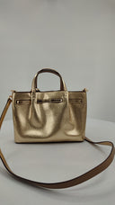 Michael Kors Womens Carson Medium Metallic Pebbled Leather Satchel Gold Bags