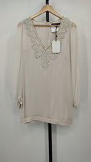 French Connection Womens Long Sleeve V-Neck Embellished Blouse Cream 8