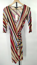 BCBG Max Mara Womens V-Neck Long Sleeve Multicolored Striped Wrap Dress Red M