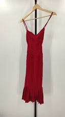 Bebe Womens Silk Lace Red Bustier Ruched Ruffle Midi Dress Basic Sleeved XS