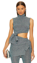 L'Academie Women Metallic Knit Knotted Tunic Top Blue M