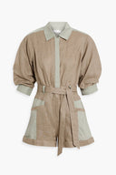 Simkhai Aliza Poplin-Trimmed Belted Linen Playsuit Sleeved Jumpsuit Brown 2